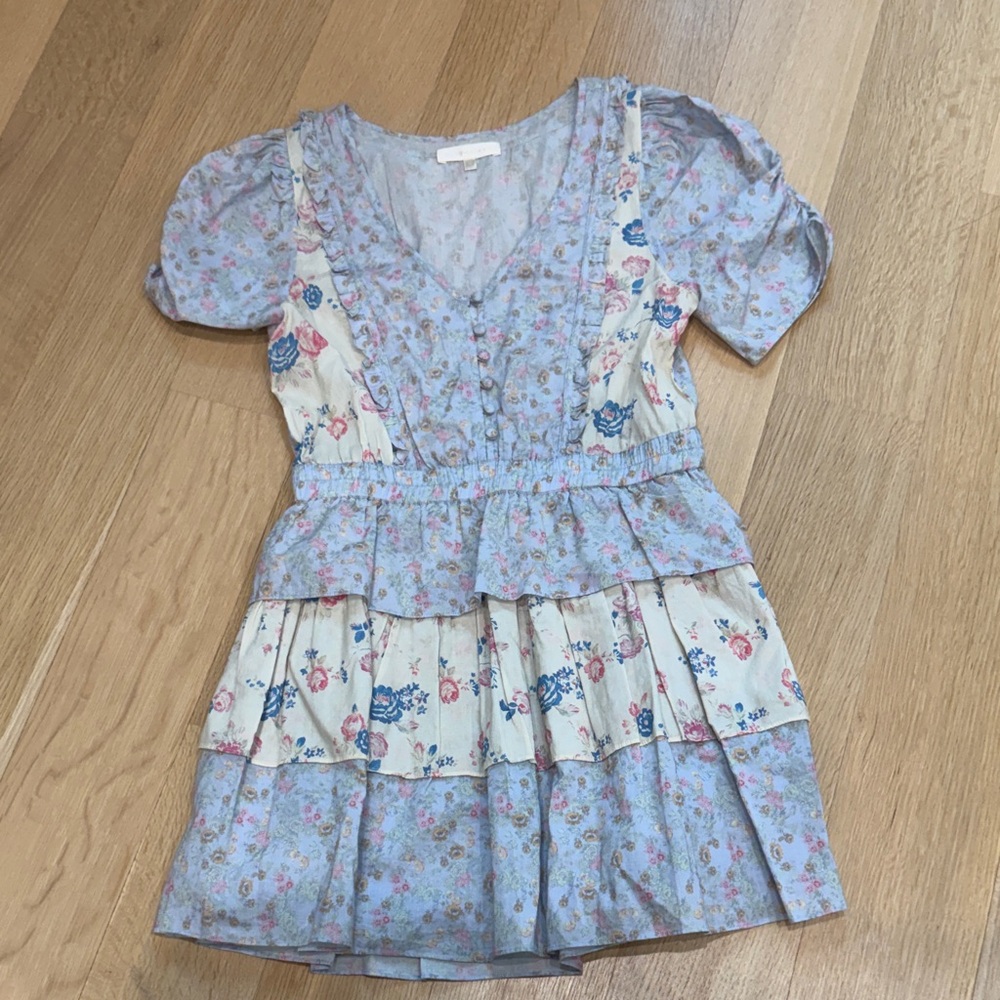 LoveShackFancy Pastel Floral Babydoll Top - Light Blue & Cream